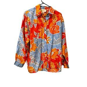 Vintage 1970s SKNY Orange Floral Button-Up Blouse – 100% Silk – Size M